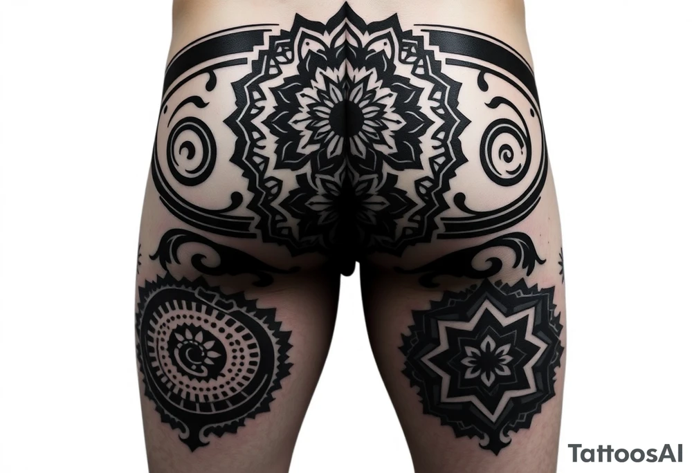Blackwork geometric tattoo on male lower body, both thighs fully 
covered, buttocks and lower back, large central mandala on lower back 
flowing into glutes, double spiral motif on each buttock cheek, 
spiral black bands wrapping diagonally around thighs, alternating 
fill patterns per zone: dotwork floral geometry on outer thigh, 
hexagonal star patterns on inner thigh, massive black background 
areas, fine ornamental cutouts, seamless full coverage with no gaps, 
pure black ink, no grey wash, photorealistic tattoo photography, 
dark background tattoo idea