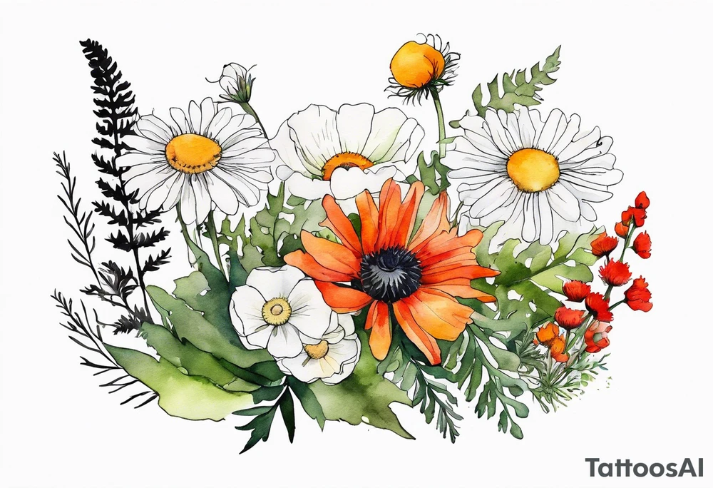 sideways oval of wildflowers cascading with thistles, ferns, white anemones, sun flowers, red flowers, black flowers, buttercups, orange flowers, babys breath and daisies all in watercolor tattoo idea