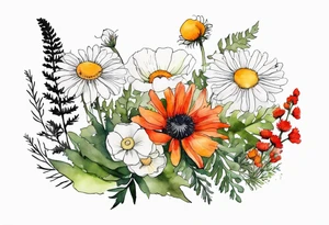 sideways oval of wildflowers cascading with thistles, ferns, white anemones, sun flowers, red flowers, black flowers, buttercups, orange flowers, babys breath and daisies all in watercolor tattoo idea