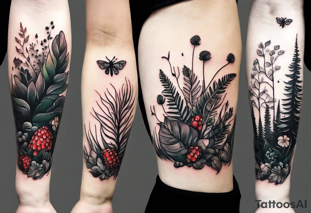 forest floor inspired minimalist tattoo, which includes grass, curly ferns and dead leaves as the bulk of the tattoo. details to include: three very tiny strawberries, a tiny bumblebee flying nearby, three small brown mushrooms tattoo idea