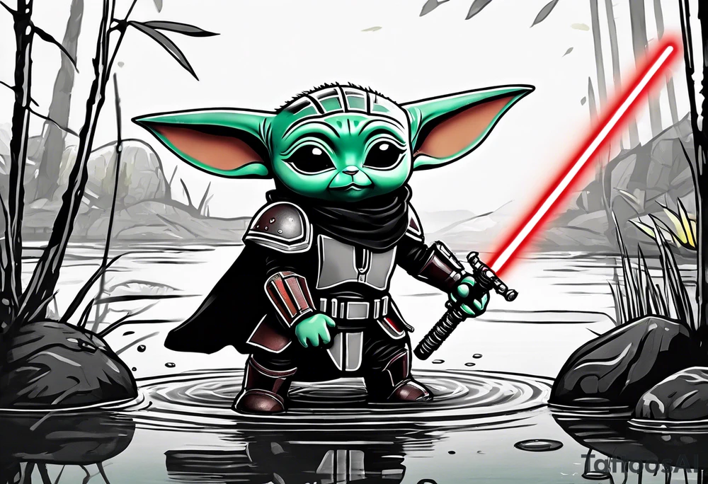 Baby Grogu wearing black mandalorian armor,  holding a red lightsaber in a swamp tattoo idea