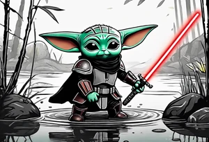 Baby Grogu wearing black mandalorian armor,  holding a red lightsaber in a swamp tattoo idea