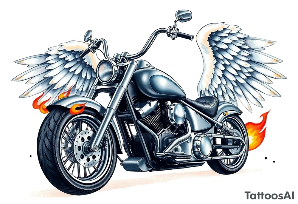 Low rider grey motorcycle, big muffler pipes with flames, angel wings, driving away, no person tattoo idea