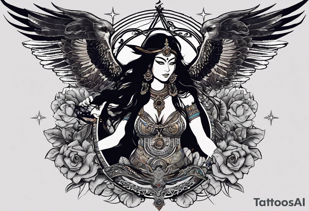 black kali, goddess pirate, alien, angel, pachamama, valkrye, warrior, flying, skull, lotus azul, wing, eagle, zenza resonance, stars, 5D, anahata chakra, death, durga, riding on a tiger, flying lady tattoo idea