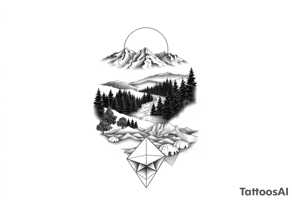Tattoo stencil design, full sleeve. A journey through California: the top starts with a vibrant sunset over snowy peaks, transitioning down into a lush forest, then a stark desert, and ending at the wrist with ocean surf. The entire scene is viewed through a geometric lens, using "sacred geometry" patterns to divide the sections. Clean black and grey realism with sharp line work. No shading on the background, white background only. tattoo idea