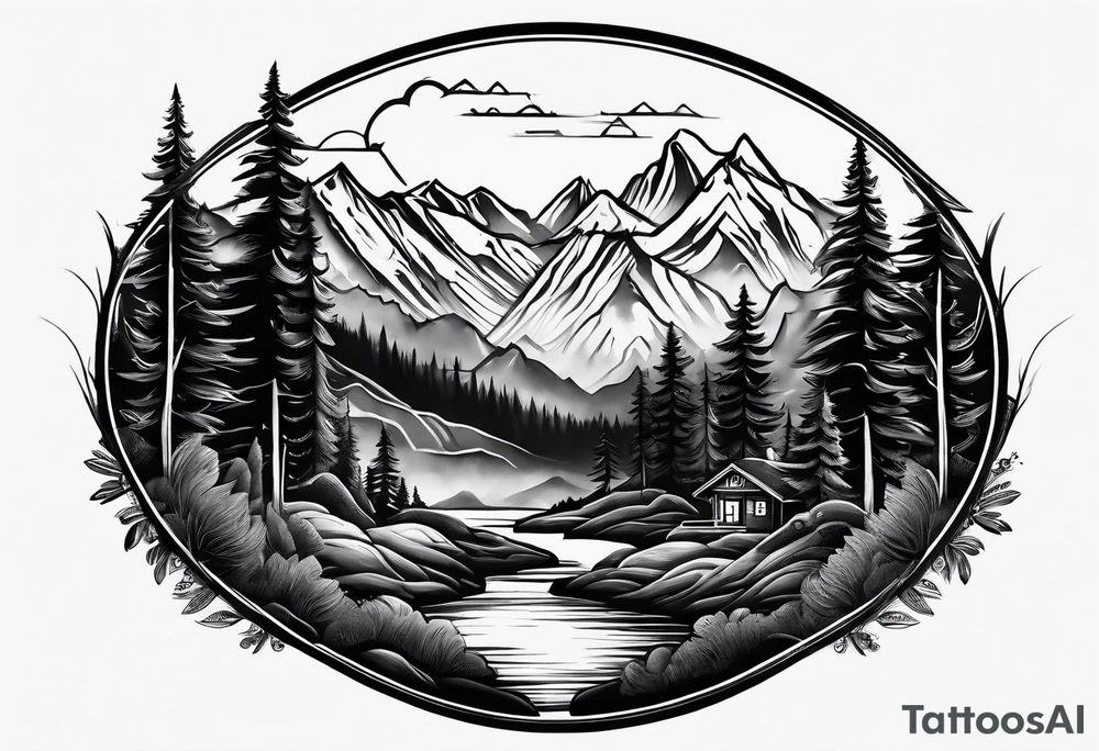 Full sleeve tattoo that symbolizes Family Love, memories of deceased family, mental health, adventure in mountains tattoo idea