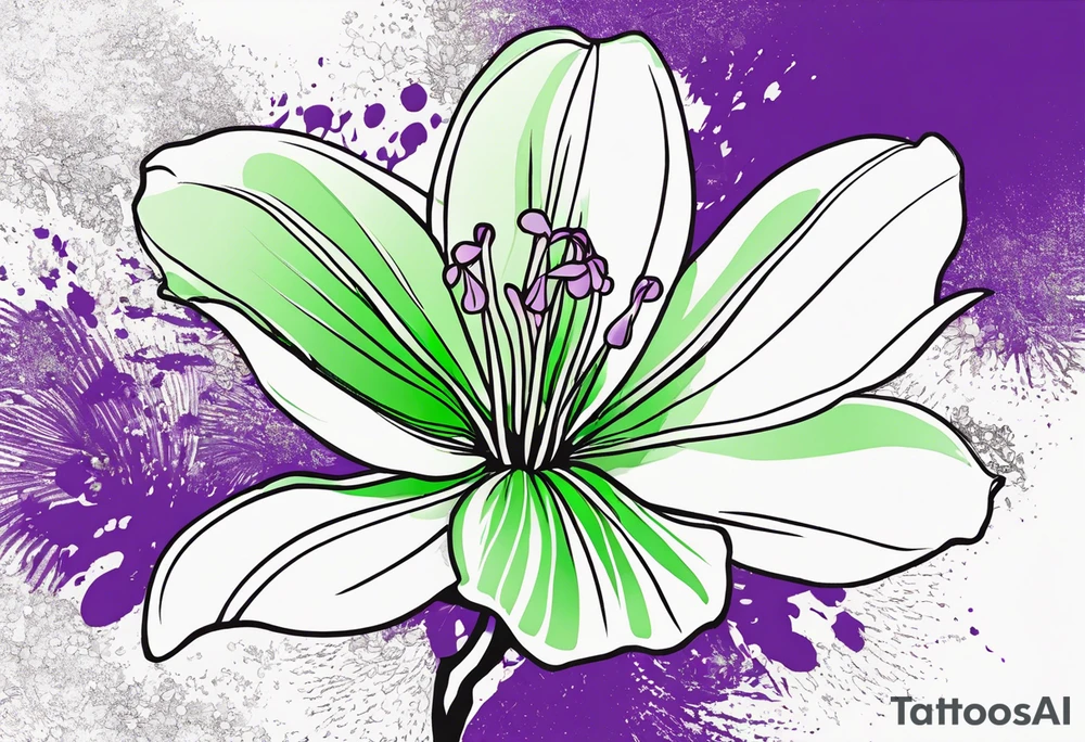 An outline of a rio dipladenia flower with a splatter green and purple background tattoo idea