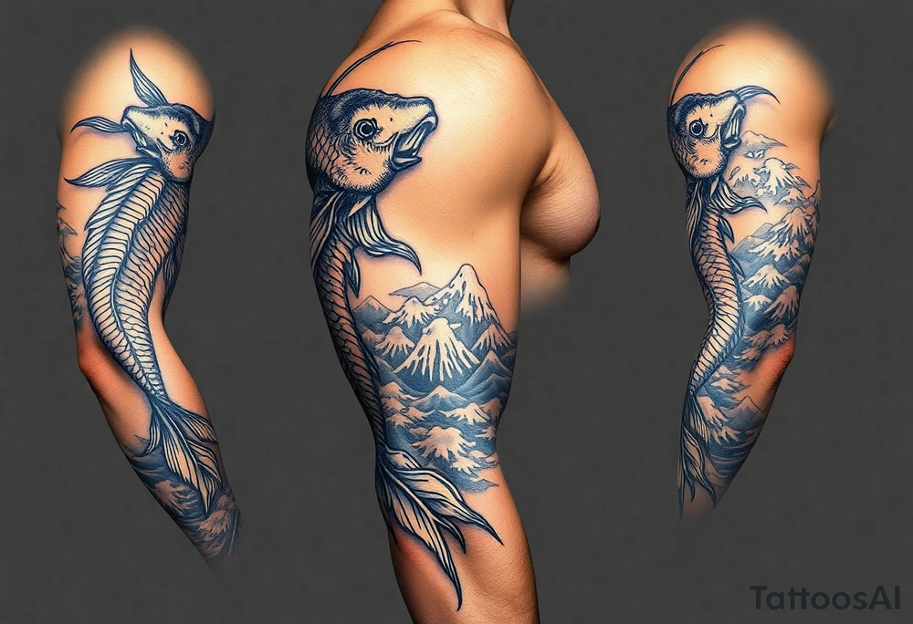Koi fish and elephants with a wave design and underwater mountains  to go on the arm with alot of shading and intricate details tattoo idea