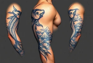 Koi fish and elephants with a wave design and underwater mountains  to go on the arm with alot of shading and intricate details tattoo idea