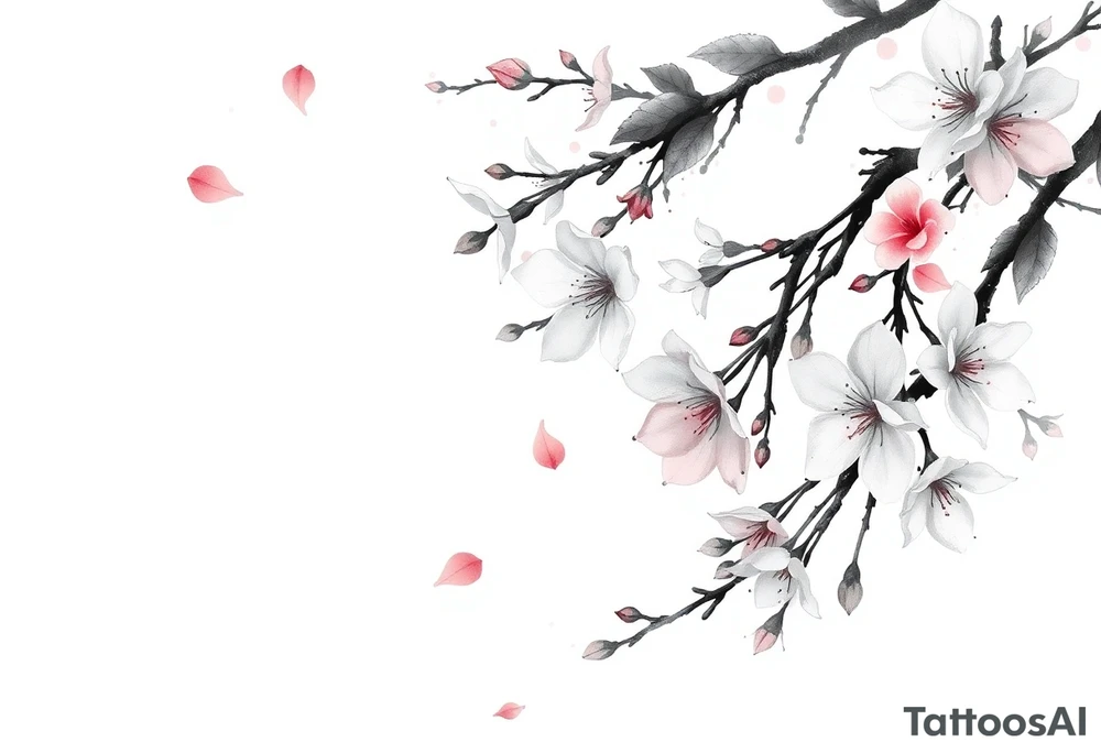 delicate cherry blossoms swirling in spring breeze with petals tattoo idea
