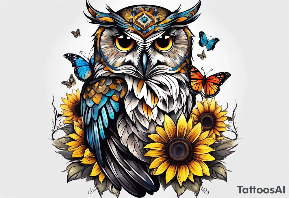 Owl, sunflower with a butterfly tattoo idea
