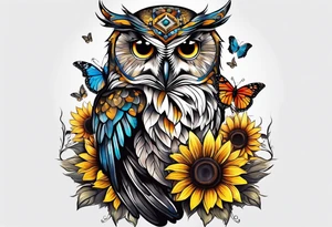 Owl, sunflower with a butterfly tattoo idea