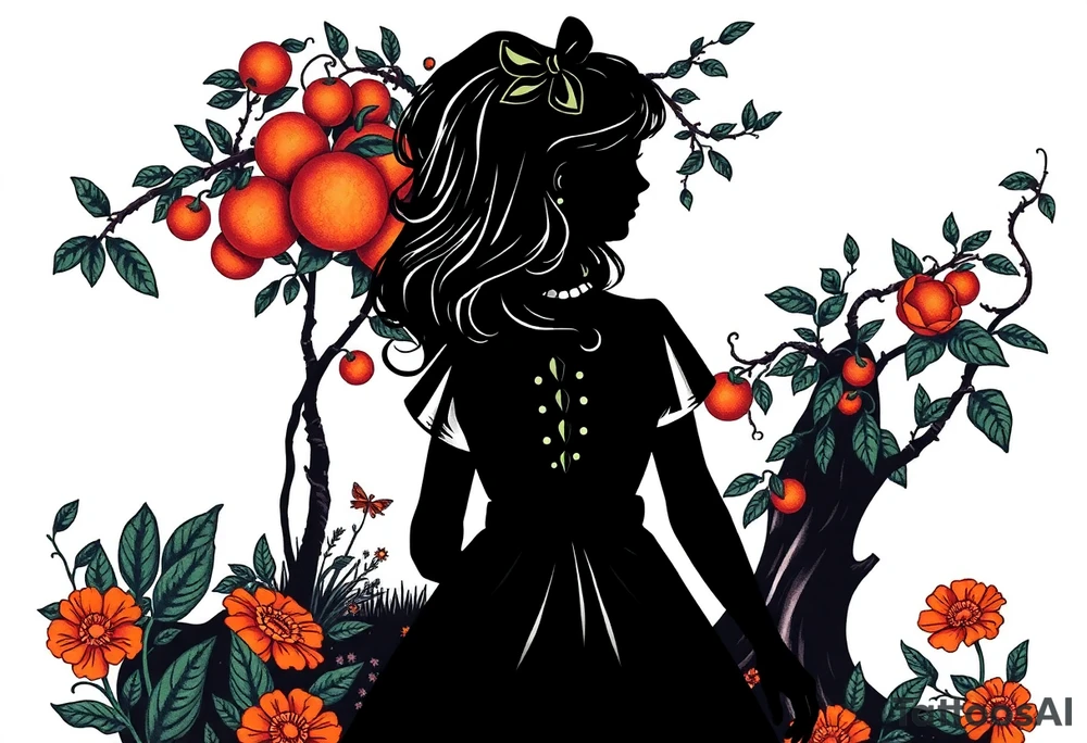 Alice in wonderland silhouette. Perspective from the back. She is entering a garden and seeing an orange tree. tattoo idea