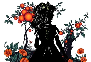 Alice in wonderland silhouette. Perspective from the back. She is entering a garden and seeing an orange tree. tattoo idea
