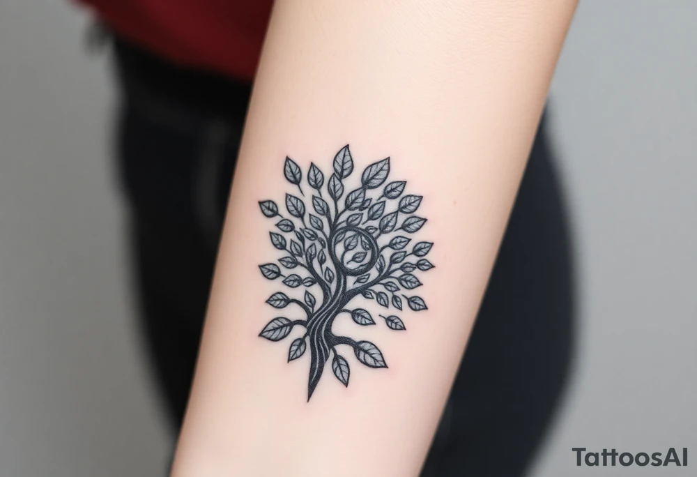 Fibonacci spiral shell inside of tree full of lots of leaves tattoo idea