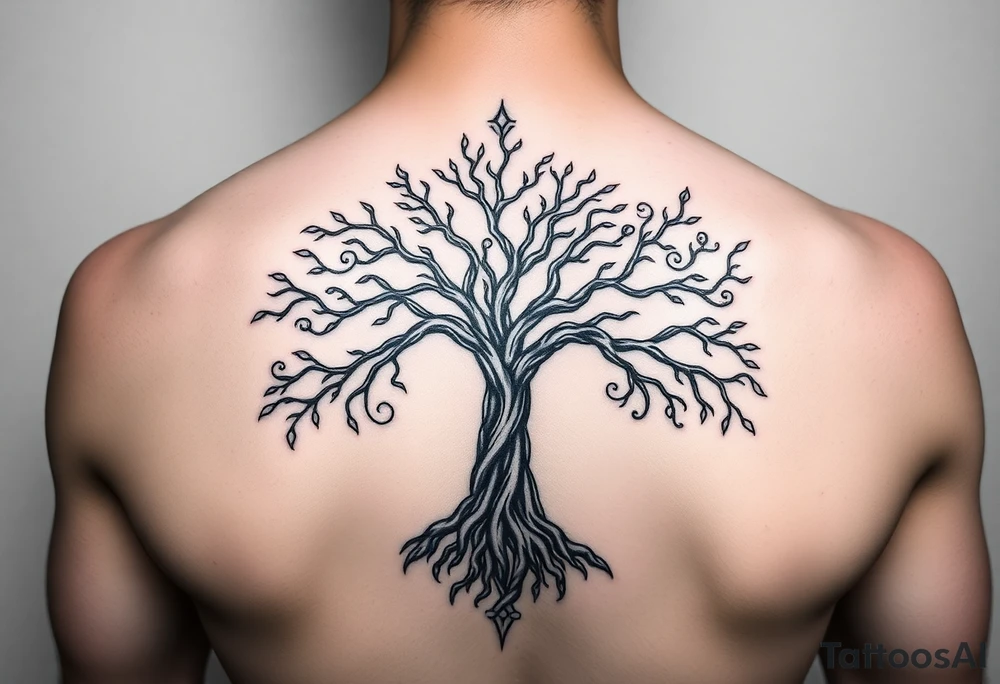 mystical tree of life with cosmic roots and celestial branches tattoo idea