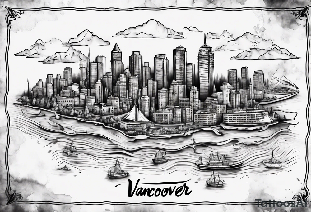 A map of vancouver with a with water staining where the firehalls are tattoo idea