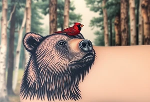 Cardinal sitting on a bear’s nose. The bear looks happy. Forest background tattoo idea