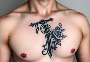 A gothic cross with a sword tip on the bottom going through an infinity sign and has roses and vines growing around tattoo idea