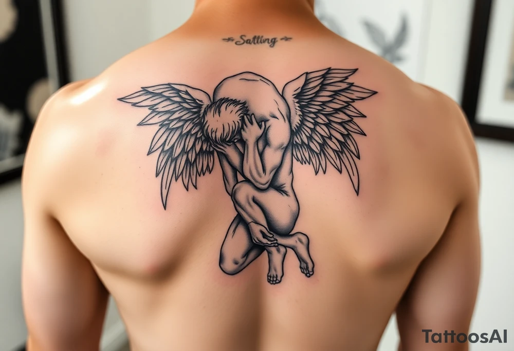Buff Fallen angel on his knees tattoo idea