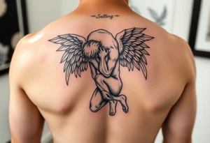 Buff Fallen angel on his knees tattoo idea