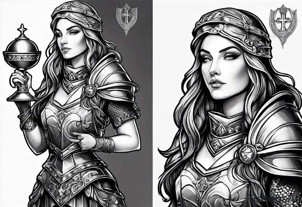 Female saint in armor holding a chalice tattoo idea