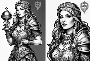 Female saint in armor holding a chalice tattoo idea