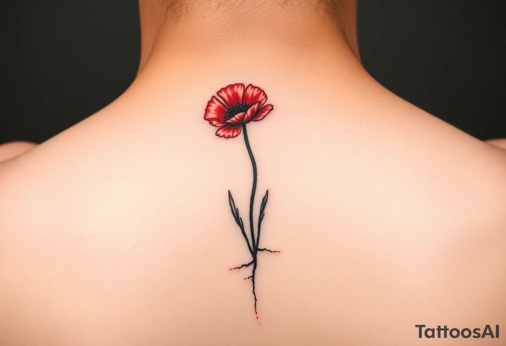 Single line drawing, artsy style, poppy growing up from cracks in pavement red watercolor airbrush on poppy only back of ankle/heel or back of upper arm, more artistic rendering of cracks, very minimal/simplistic design tattoo idea