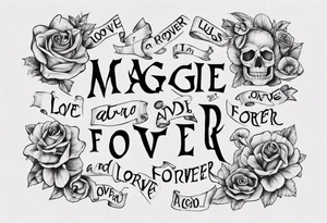 The words Maggie and Lucas and Love and Forever in a crossword puzzle tattoo idea