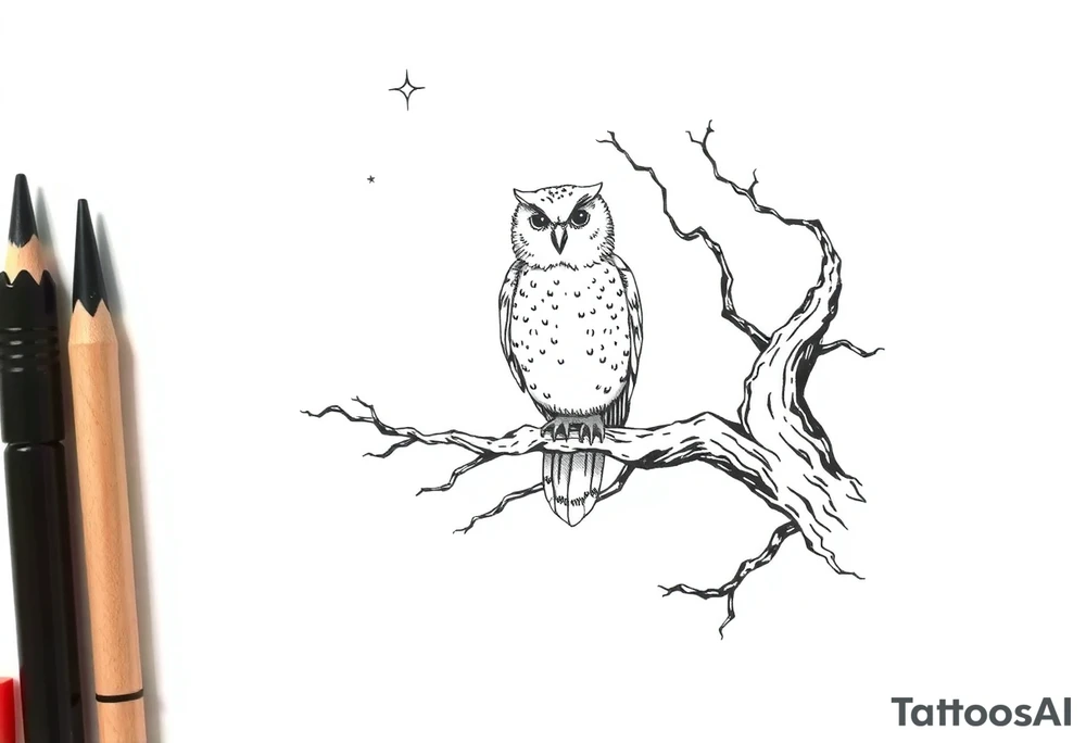 wise owl perched on ancient oak branch under starlit sky tattoo idea