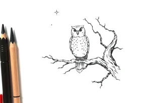 wise owl perched on ancient oak branch under starlit sky tattoo idea