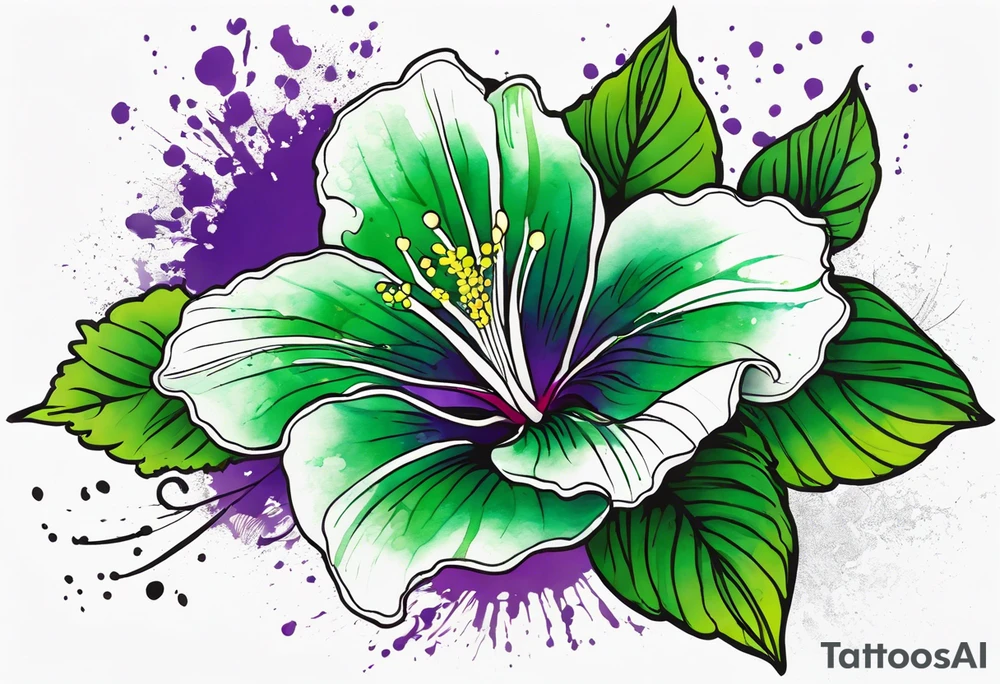 An outline of a green rio dipladenia flower and a green and purple watercolor splash in the background tattoo idea