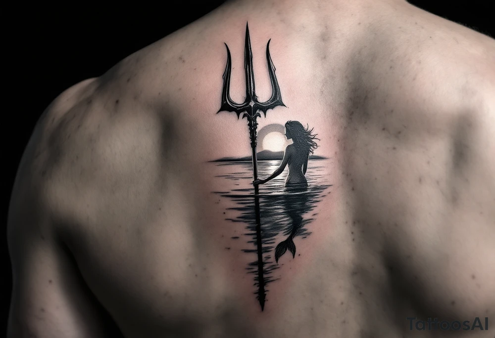 trident half way under calm water with sunset and mermaid tattoo idea