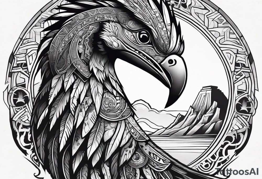 cyberpunk Aztec Quetzal bird/dinosaur that is narrow and has neurons coming from the bottom. tattoo idea