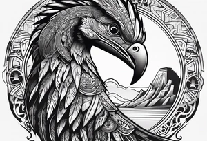 cyberpunk Aztec Quetzal bird/dinosaur that is narrow and has neurons coming from the bottom. tattoo idea