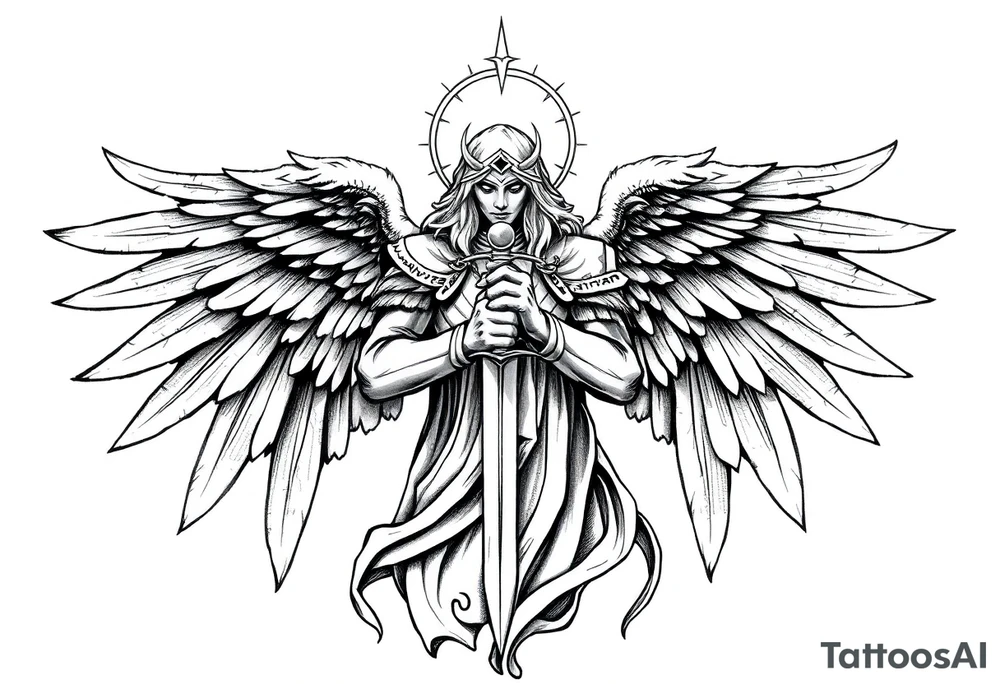 Holy Archangel, Biblical, Christianity, Hebrew, Guards of Christianity, Holding a sword, having six wings, seraphim, seek justice, love mercy, walk only with God tattoo idea