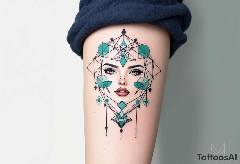 A minimalist design of Caleb, depicted with geometric patterns around his face to symbolize intelligence and the mind. The design features teal and green tones, symbolizing his connection to the Abnegation and his scientific nature.
Colors: Teal, green, black accents. tattoo idea