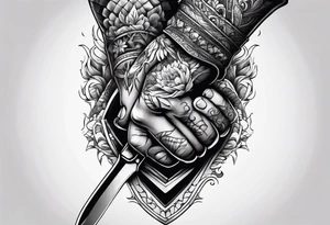Two hands shaking with a knife going through them tattoo idea