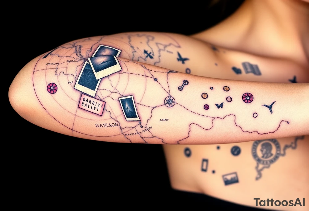 Navigator map with torn/burnt edges, with polaroids, coins, and show tickets tattoo idea