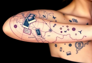 Navigator map with torn/burnt edges, with polaroids, coins, and show tickets tattoo idea