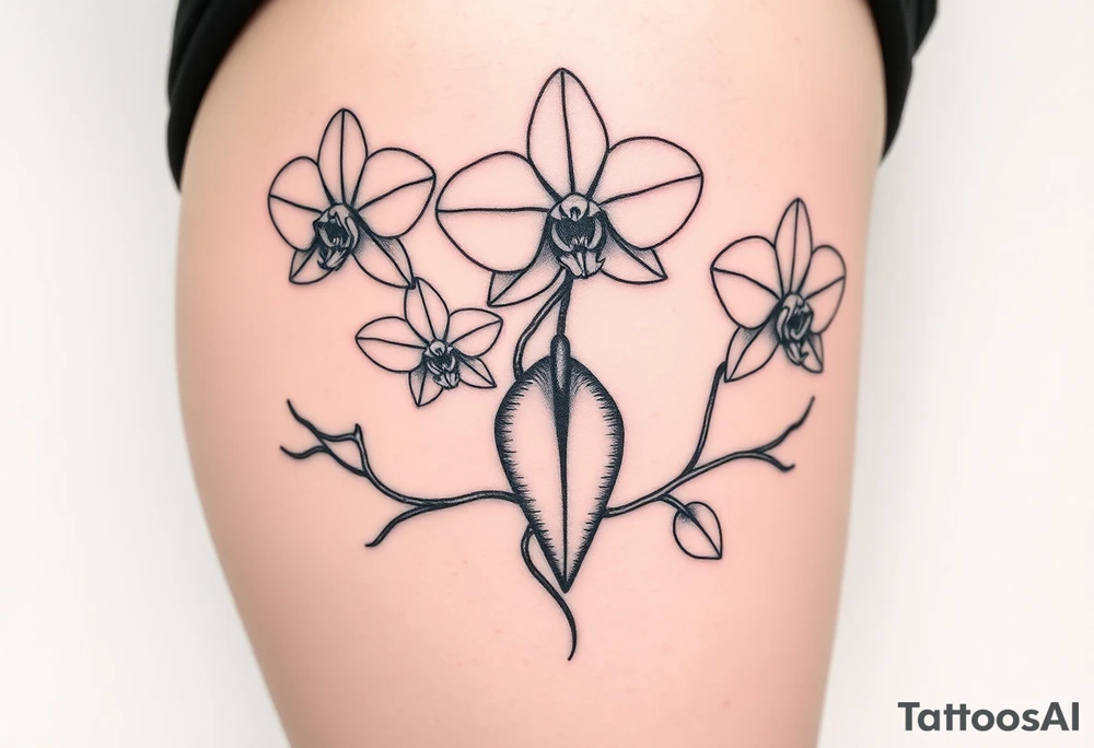 Five delicate fine line orchids different size realistic a mix with vagina female. Are connected with branches tattoo idea