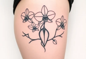 Five delicate fine line orchids different size realistic a mix with vagina female. Are connected with branches tattoo idea