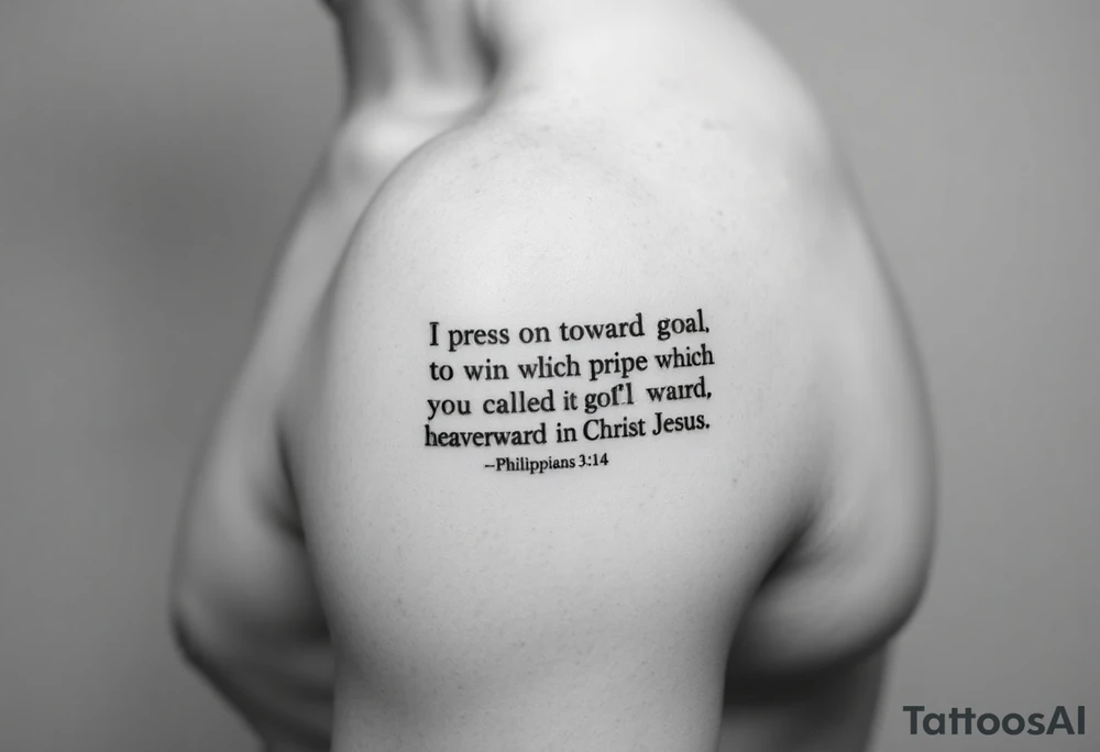 Minimalist tattoo on inner bicep. Mostly text of Philippians 3:14: I press on toward the goal to win the prize for which God has called me heavenward in Christ Jesus. tattoo idea