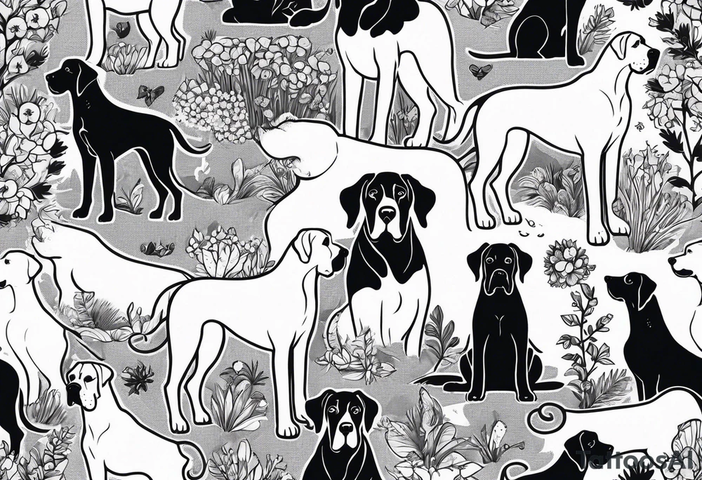 Arm sleeve that has 4 separate small Great Dane heads mixed in with other fill work that resembles the outdoors tattoo idea