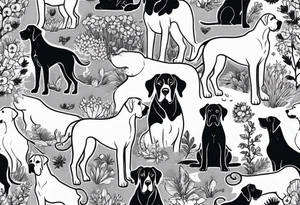 Arm sleeve that has 4 separate small Great Dane heads mixed in with other fill work that resembles the outdoors tattoo idea