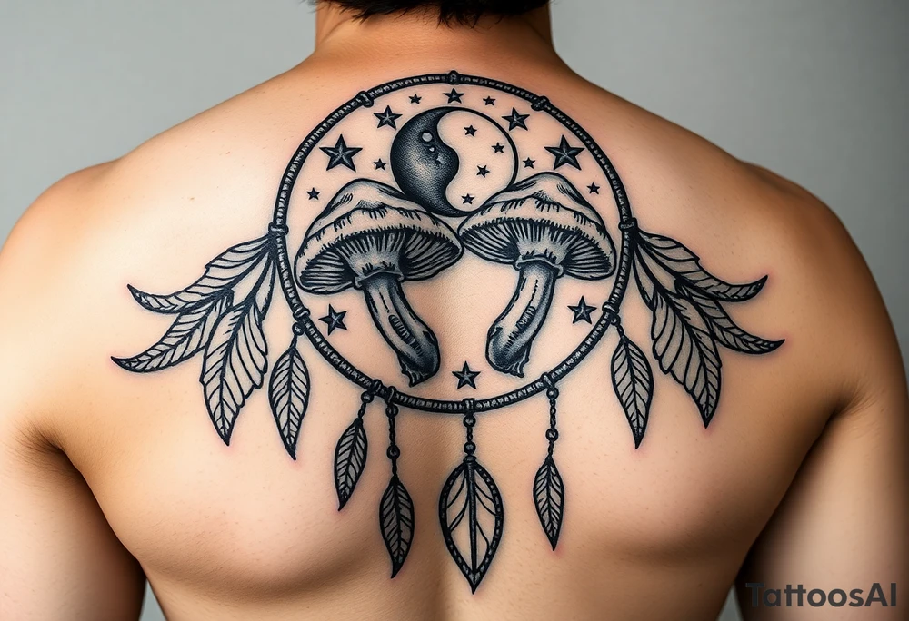 Psychedelic mushrooms inside a dreamcatcher with stars and the moon tattoo idea