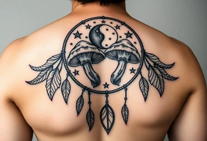 Psychedelic mushrooms inside a dreamcatcher with stars and the moon tattoo idea
