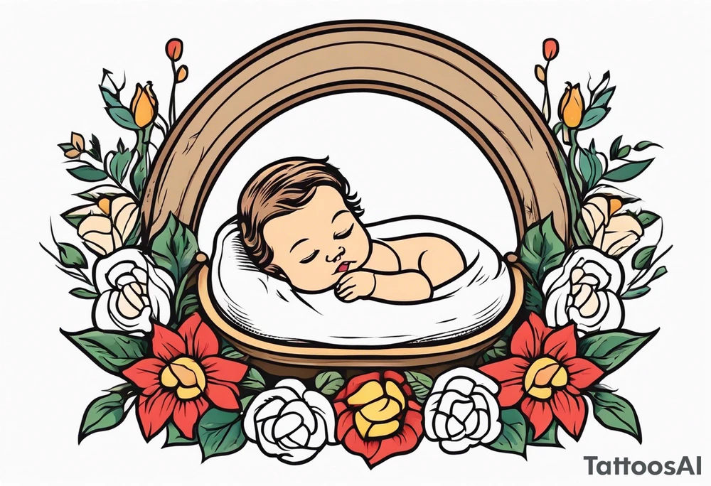 baby jesus in manger

old school vintage simple traditional design with vintage flowers surrounding it bold color simple tattoo idea