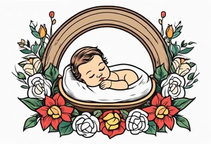 baby jesus in manger

old school vintage simple traditional design with vintage flowers surrounding it bold color simple tattoo idea