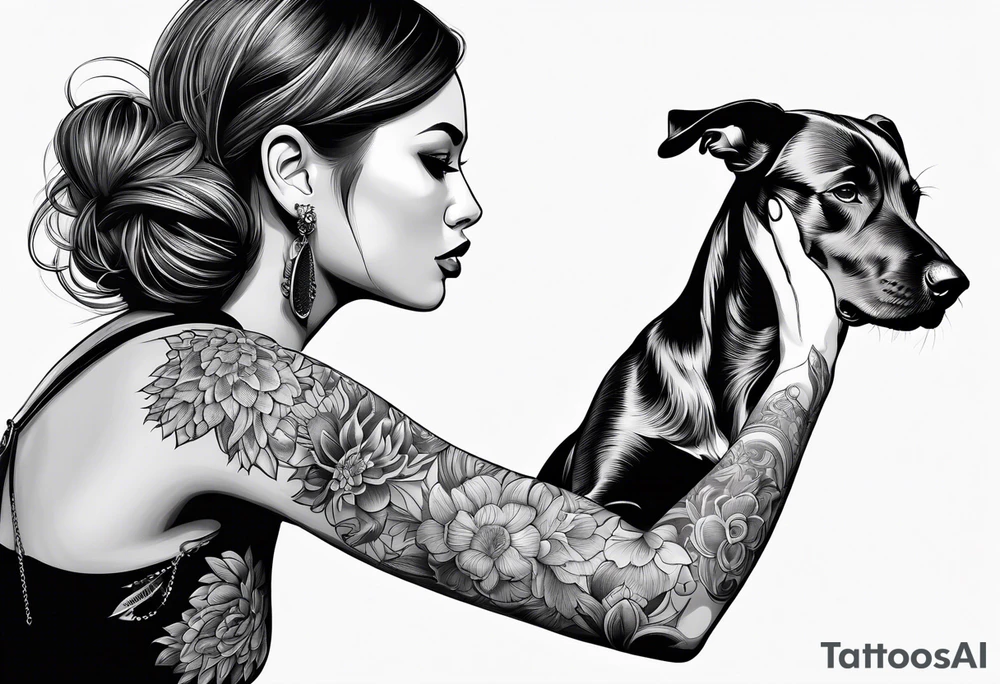 female dog reaching for the hand of a woman and she from back tattoo idea
